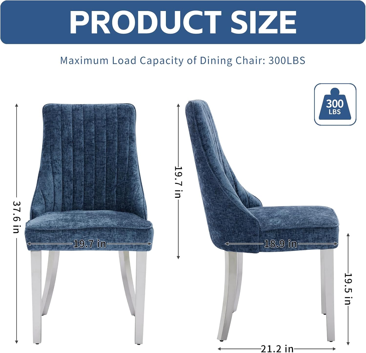 Shenyon Blue Dining Chairs Set of 6，Chenille Fabric Upholstered Dining Chairs with Silver Stainless Steel Legs, Modern Kitchen Chairs for Dining Room, Kitchen (Blue)