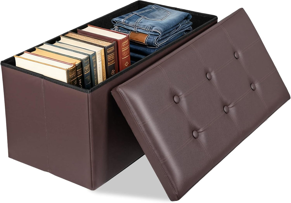 SUPER DEAL 30 inch Storage Ottoman, Faux Leather Folding Ottoman Bench, Padded Footrest, Entryway Seating Bench for Bedroom Living Room Entryway, Holds up to 660 lb, Brown