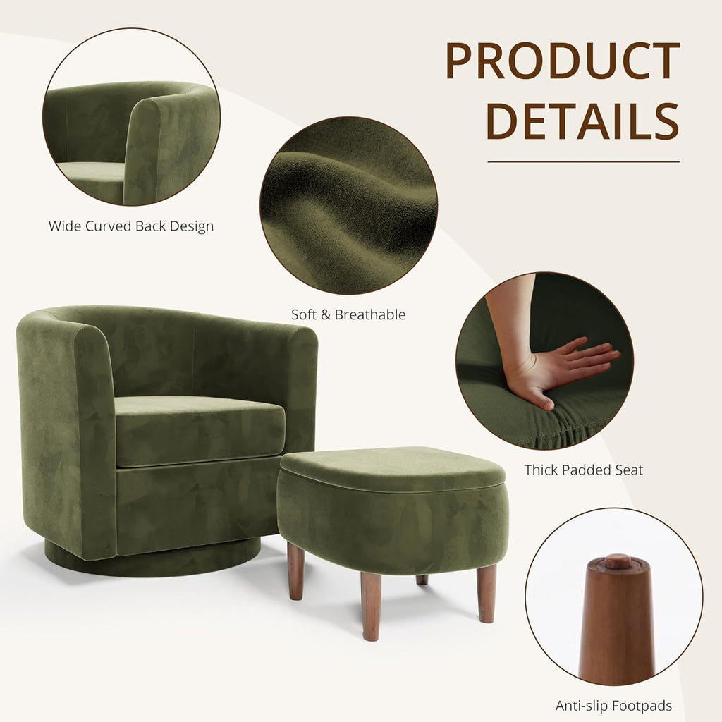 360° Swivel Accent Chair with Storage Ottoman Set of 2 | Small Modern Velvet Barrel Chair, Upholstered Armchair with Footrest for Living Room/Reading/Bedroom, Green