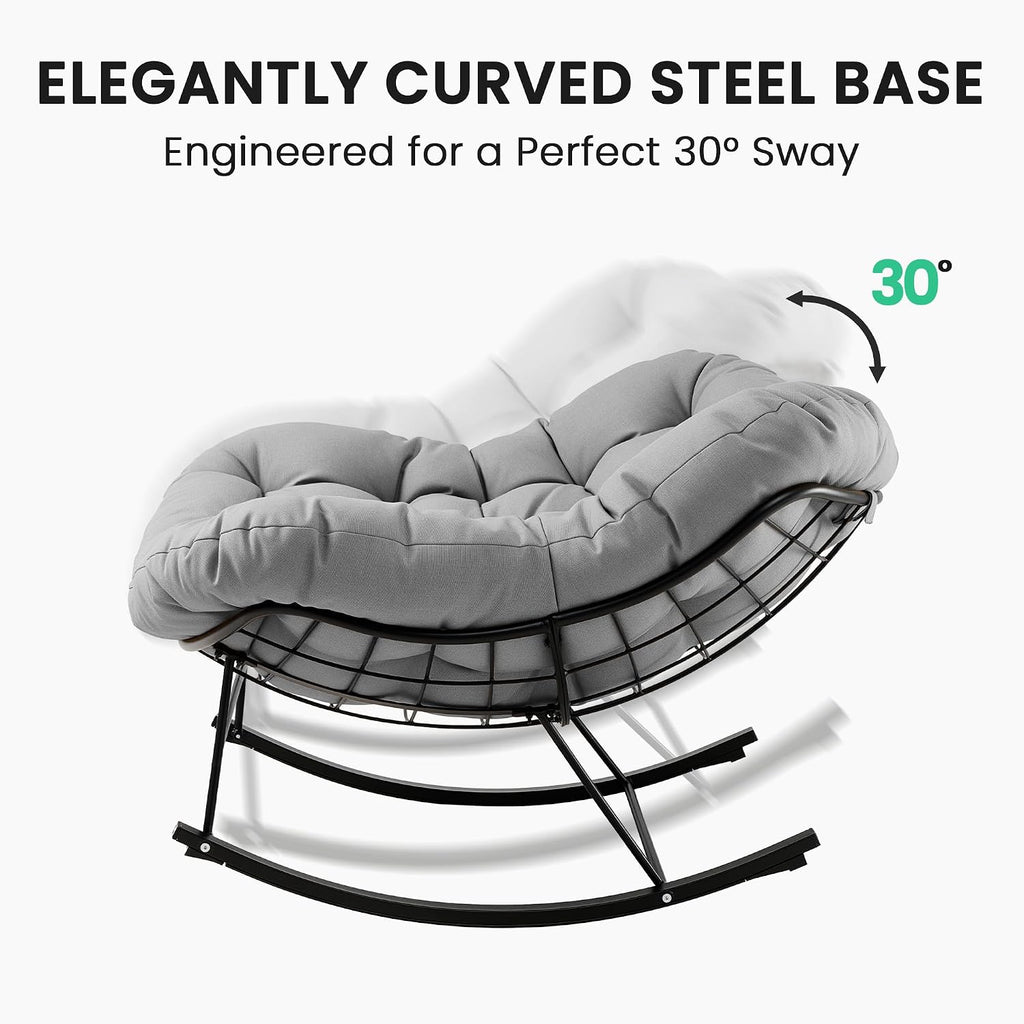 JEAREY Papasan Rocking Chair, Outdoor Oversized Egg Chair, Grey | Oversized papasan rocking chair with thick cushion and smooth rocker base for porch, patio, bedroom, living room