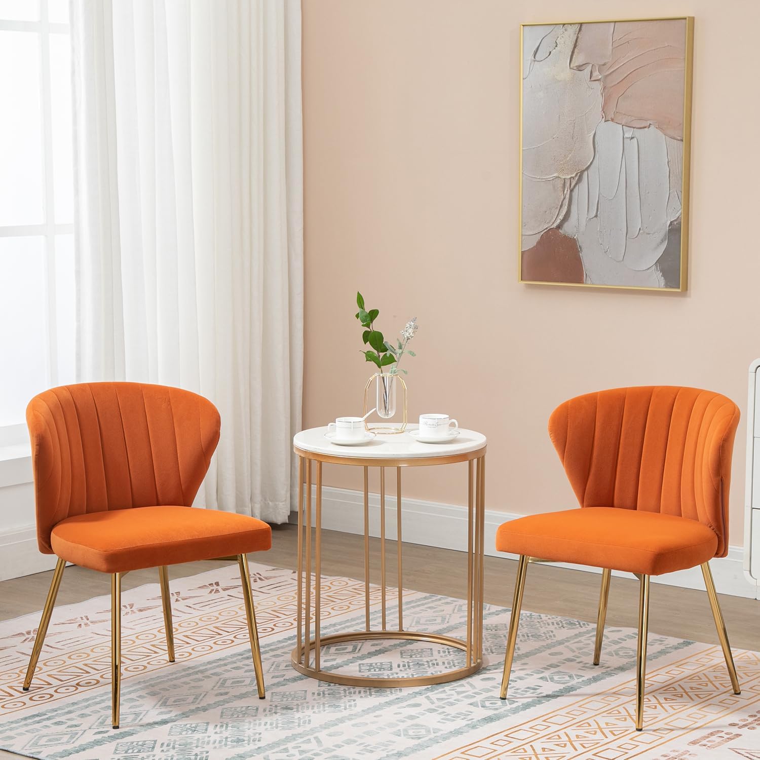 Velvet Dining Chairs Set of 2, Modern Upholstered Vanity Chairs with Golden Metal Legs for Dining Room Kitchen Vanity Patio (Orange)