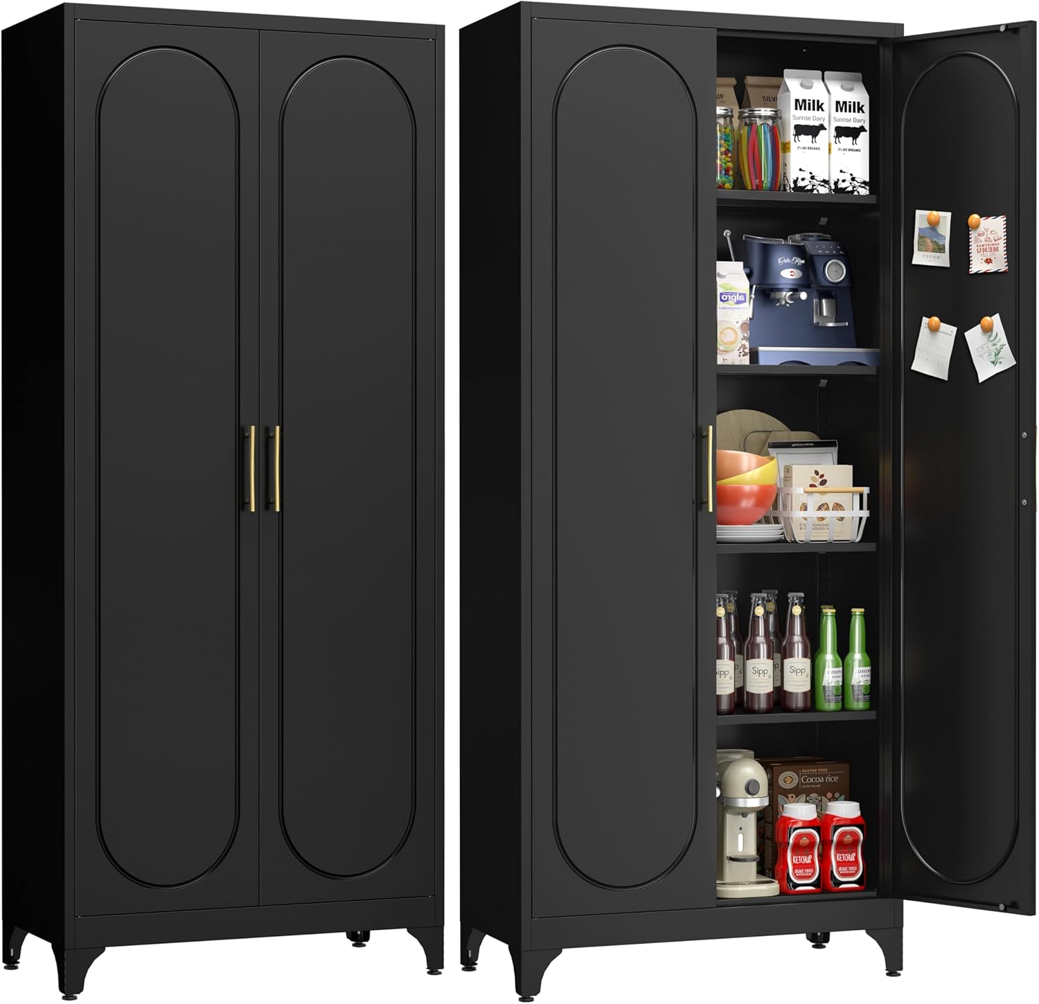 UNICOLY 75" Tall Pantry Storage Cabinet with Doors and 4 Adjustable Shelves, Freestanding Cupboard for Kitchen, Dining Room, Living Room, Bathroom, Black