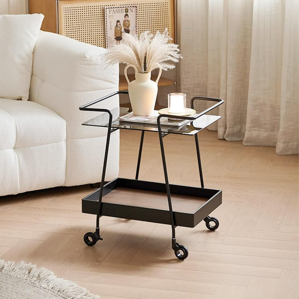 2 Tier Side Table with Wheels End Tables with Storage Shelf Storage Cart with Glass Top Small Coffee Table for Home Solid Construction
