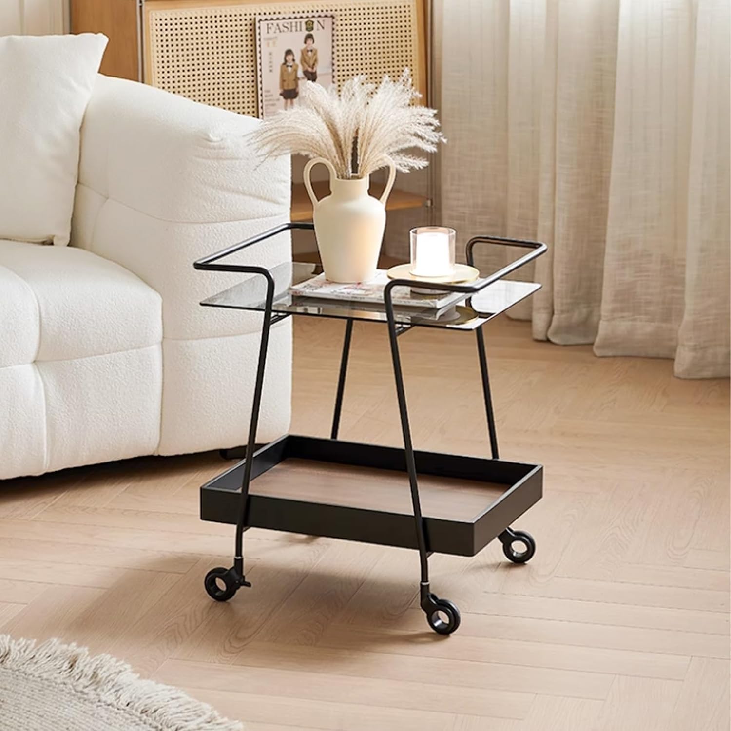 2 Tier Side Table with Wheels End Tables with Storage Shelf Storage Cart with Glass Top Small Coffee Table for Home Solid Construction