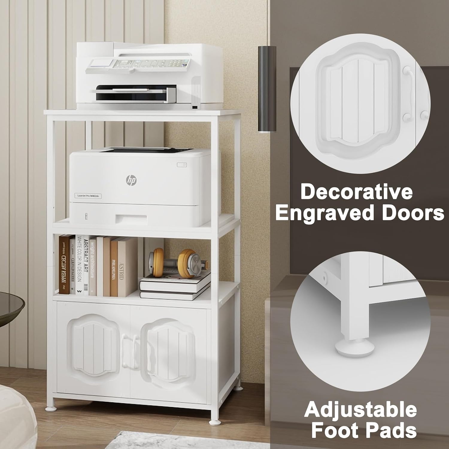 Natwind 4 Tier Printer Stand, File Cabinet w/Adjustable Open Shelves,White | Filling Cabinet with Book Shelf, Office Vertical Open Cabinet, Decorative Wood Printer Shelf with Storage for Home Office