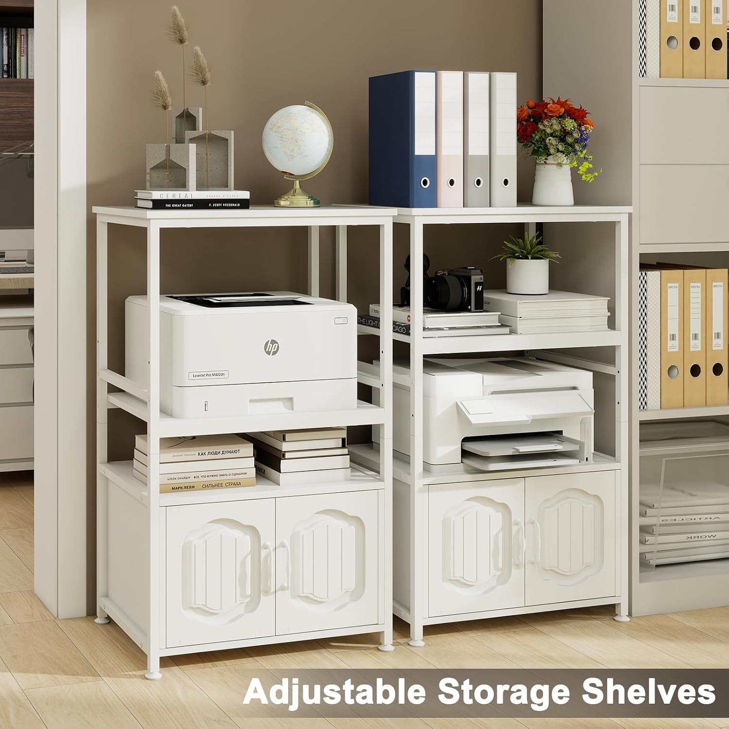 Natwind 4 Tier Printer Stand, File Cabinet w/Adjustable Open Shelves,White | Filling Cabinet with Book Shelf, Office Vertical Open Cabinet, Decorative Wood Printer Shelf with Storage for Home Office