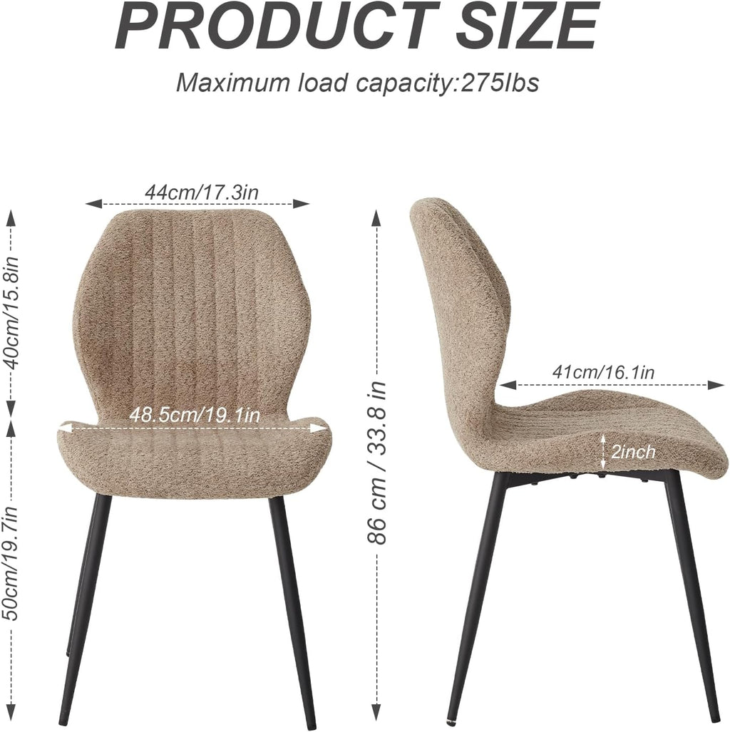 Modern Minimalist Dining Chairs Set of 4, Boucle Fabric, Brown | Thick High-Density Resilient Foam Cushion, Sturdy Metal Frame; Non-Slip Foot Caps Protect Floors, Perfect For Dining Room