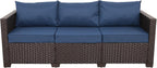 Rattaner 3-Seat Patio Wicker Sofa, Outdoor Rattan Couch Furniture Steel Frame with Furniture Cover and Deep Seat High Back, Blue Anti-Slip Cushion.