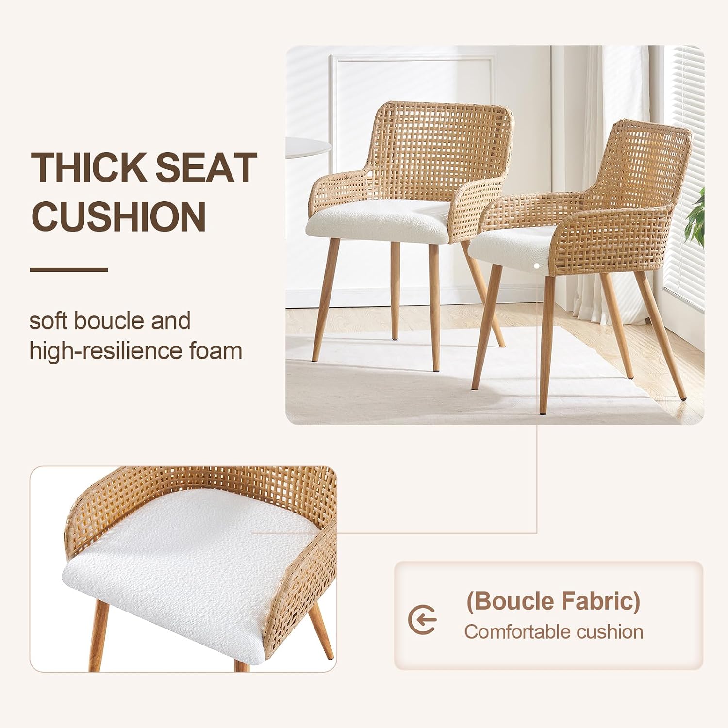 Rattan Dining Chairs Set of 4,Farmhouse PE Rattan Kitchen Chair with Upholstered Cushion and Metal Legs for Home,Kitchen,Brown