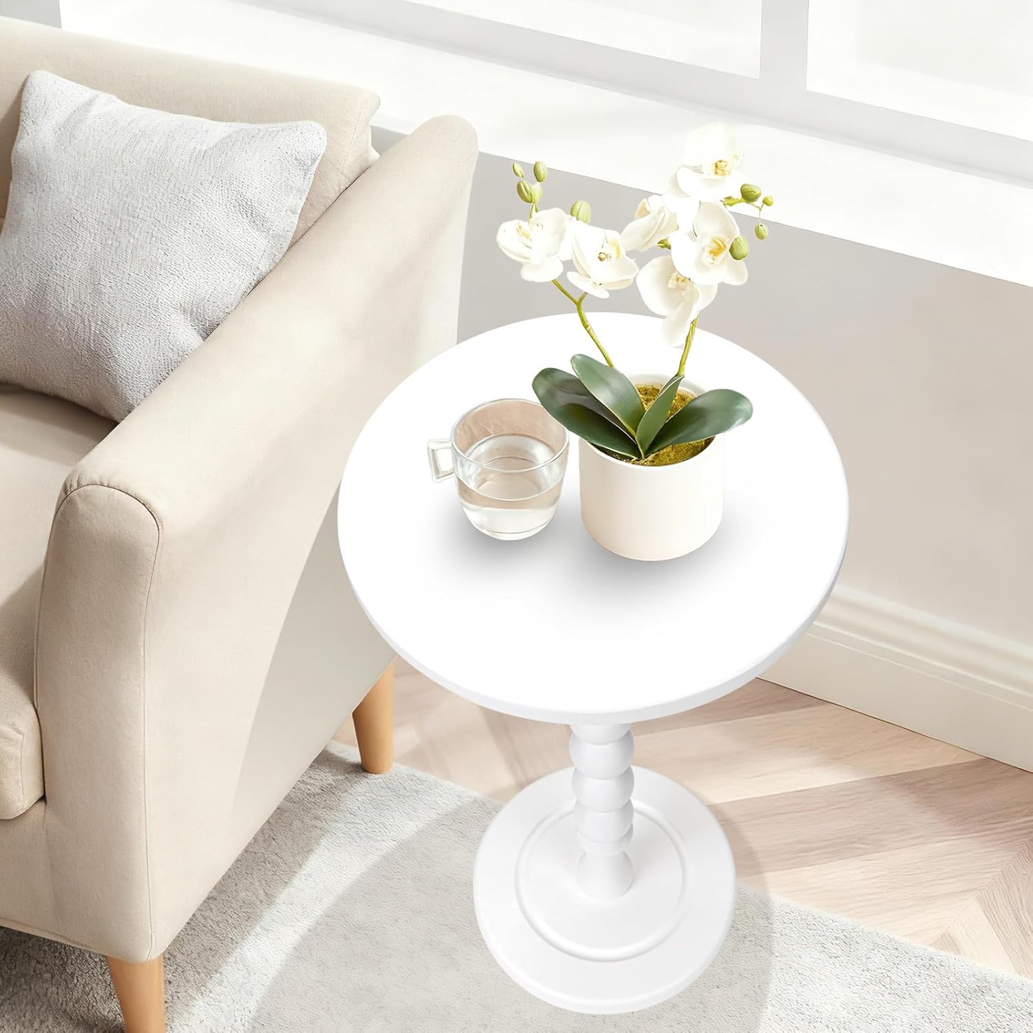 Round Side Table for Small Spaces, Drink Table with Oak Wood Pedestal, Modern End Table Nightstand for Living Room, Bedroom, Office, and Corners, Tool-Free Assembly, White