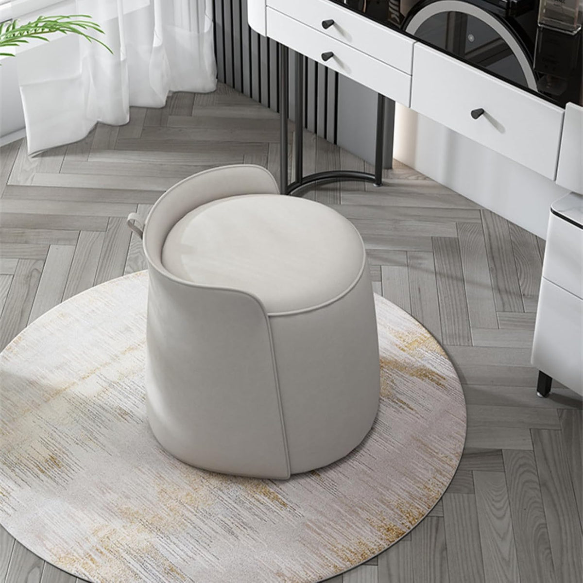 Modern Dresser Makeup Ottoman Stool, Leather Dresser Chair, Round Footstool, Extra Seating for Living Room/Bedroom/Entryway