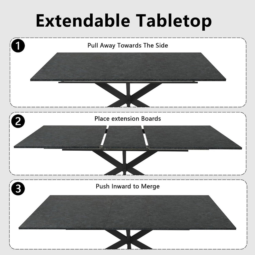 63-79 Inch Extendable Dining Table for 6-10, MDF Rectangular Kitchen Table with Removable Butterfly Leaf and Black Metal Base, Space Saving Design for Small Spaces & Holiday Gatherings, Black Lava