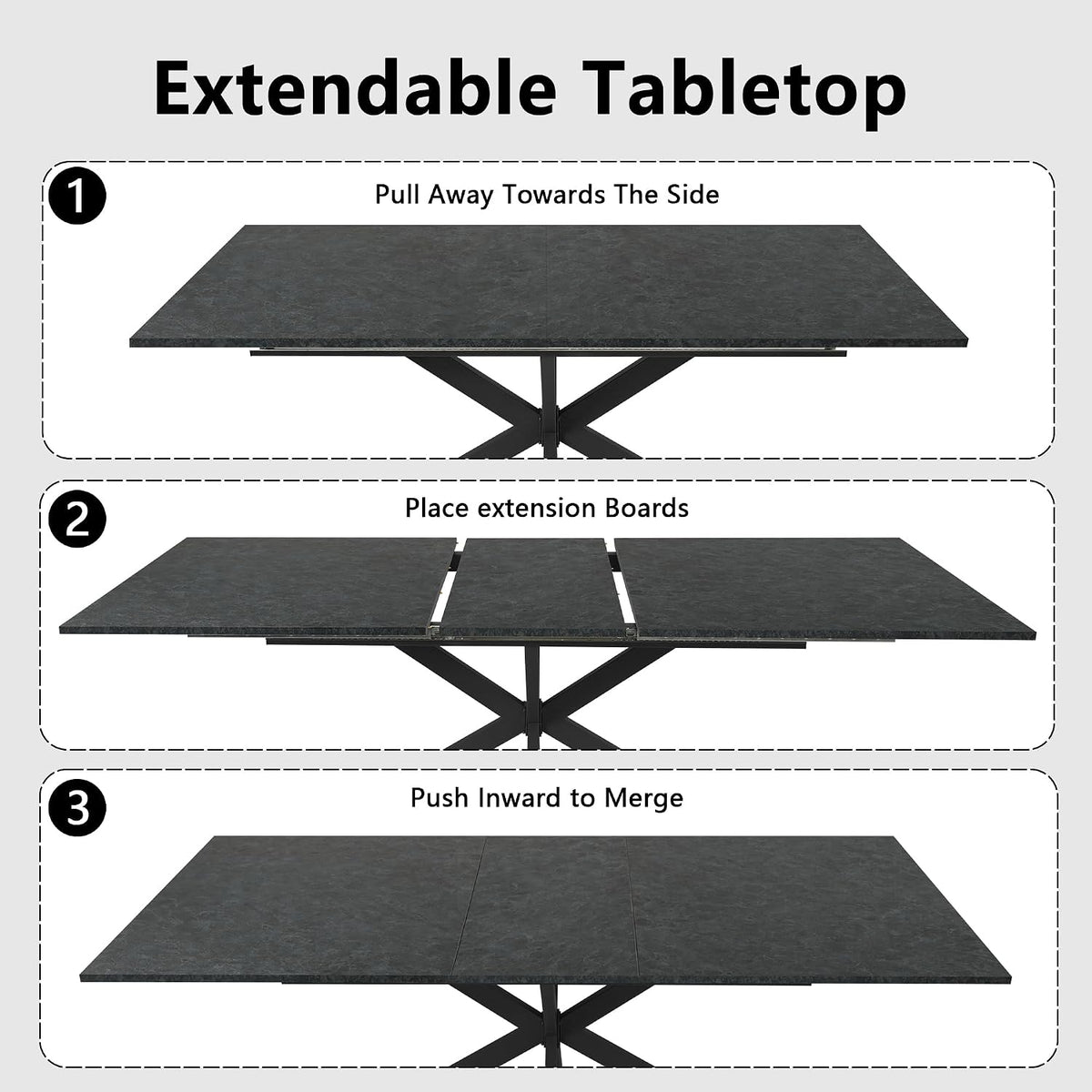 63-79 Inch Extendable Dining Table for 6-10, MDF Rectangular Kitchen Table with Removable Butterfly Leaf and Black Metal Base, Space Saving Design for Small Spaces & Holiday Gatherings, Black Lava