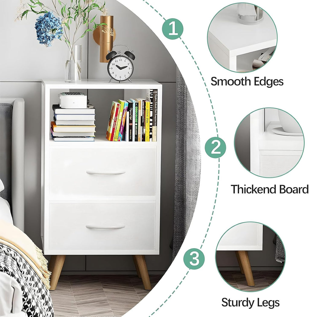 Aenuert Night Stand, White Nightstand with Fabric Drawers, Wooden Side Table with Open Storage, 3-Tier Modern End Table, Bedside Table for Small Space, Living Room, Bedroom