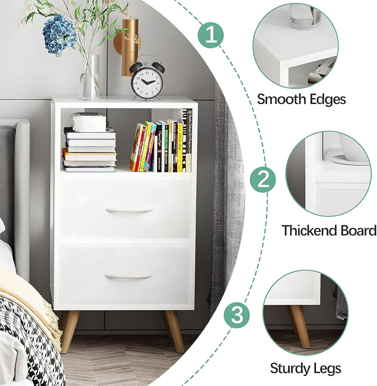 Aenuert Night Stand, White Nightstand with Fabric Drawers, Wooden Side Table with Open Storage, 3-Tier Modern End Table, Bedside Table for Small Space, Living Room, Bedroom