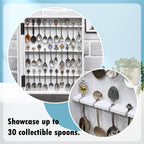 Ikee Design Wooden 30-Souvenir Spoon Display Case Cabinet, Wall-Mounted Tea Spoon Rack with Tempered Glass Door Suitable for Collection Display, Antique White Color, 13.4W x 2.6D x 15.7H in