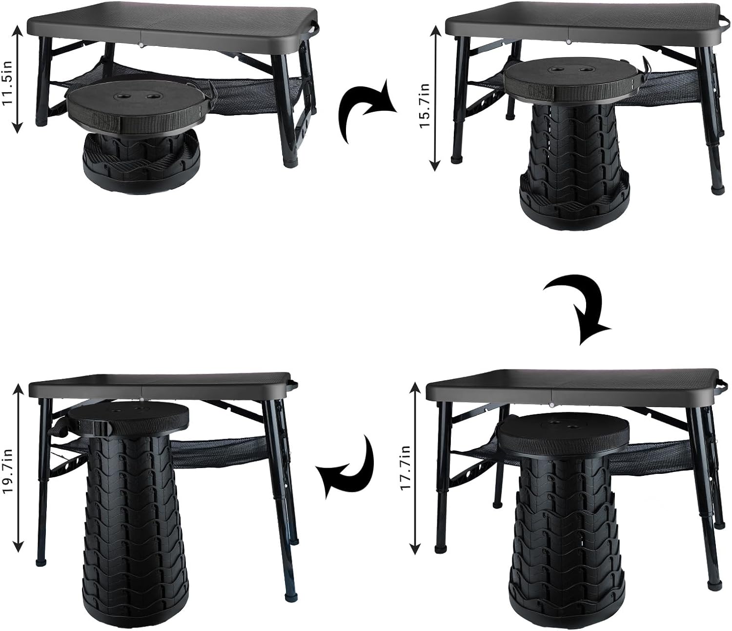 Folding Table and Stool, Small, Black, 4 Foot Outdoor Portable Table, Adjustable Height, Camping, Picnic, RV Table, 55lbs Load-Bearing, Lightweight