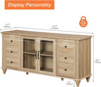 WAMPAT Farmhouse Sideboard Buffet Cabinet with Glass Door & Adjustable Shelf, Wooden Coffee Bar Table with Solid Wood Leg, Kitchen Storage Cabinet for Dining Room, Oak, 58 Inch