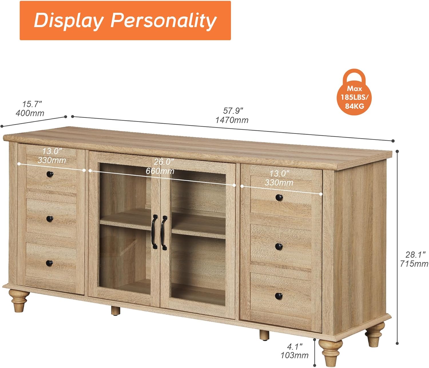 WAMPAT Farmhouse Sideboard Buffet Cabinet with Glass Door & Adjustable Shelf, Wooden Coffee Bar Table with Solid Wood Leg, Kitchen Storage Cabinet for Dining Room, Oak, 58 Inch