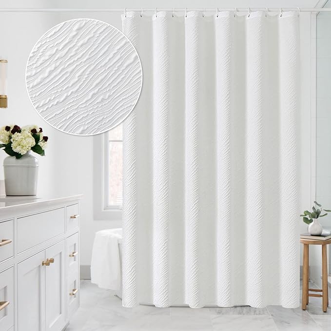 MitoVilla Extra Long Shower Curtain 72 x 84, Farmhouse Fabric White XL Shower Curtains for Bathroom Decor, Modern Luxury Cloth Shower Curtain, 3D Marble Textured