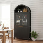 71" Fluted Arched Glass Door Cabinet, Tall Display Cabinet with Adjustable Shelves & Hidden Drawer, Soft Close China Hutch for Kitchen, Dining Room, Living Room (Black)