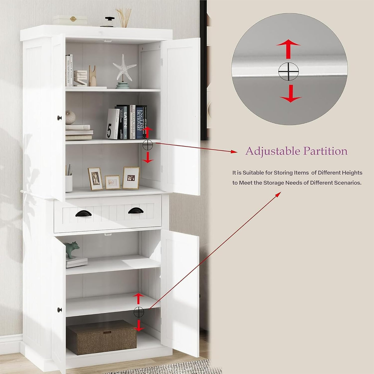 71.61" Kitchen Pantry Cabinet, Tall Storage Cabinet with 4 Doors and 1 Drawer, Freestanding Wood Kitchen Cabinet Cupboard with Adjustable Shelves for Kitchen, Dining Room, Living Room, White A