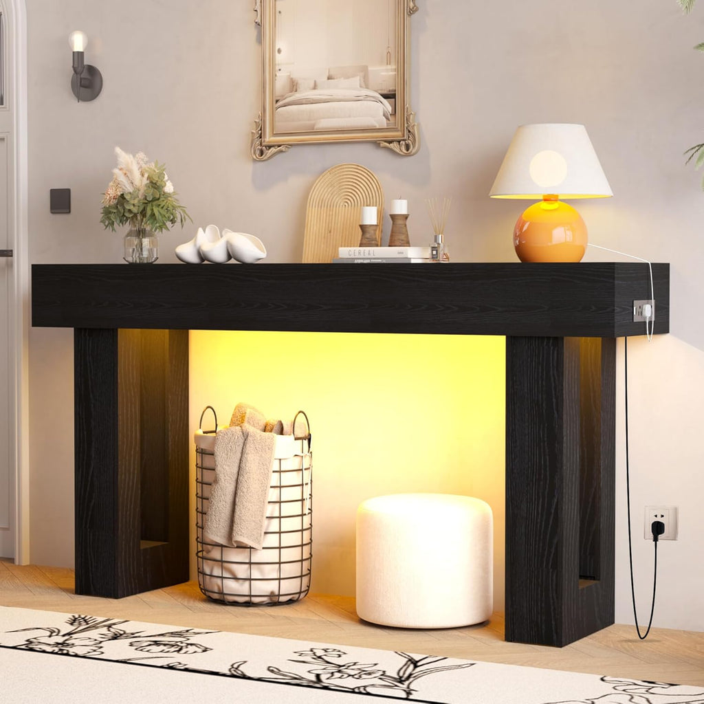 Depeht 63" Long Console Table with Power Outlet LED Lights, Wooden Farmhouse Sofa Behind Couch Table with Storage, Large Industrial Hallway Accent Furniture for Living Room, Entryway, Hallway (Black)