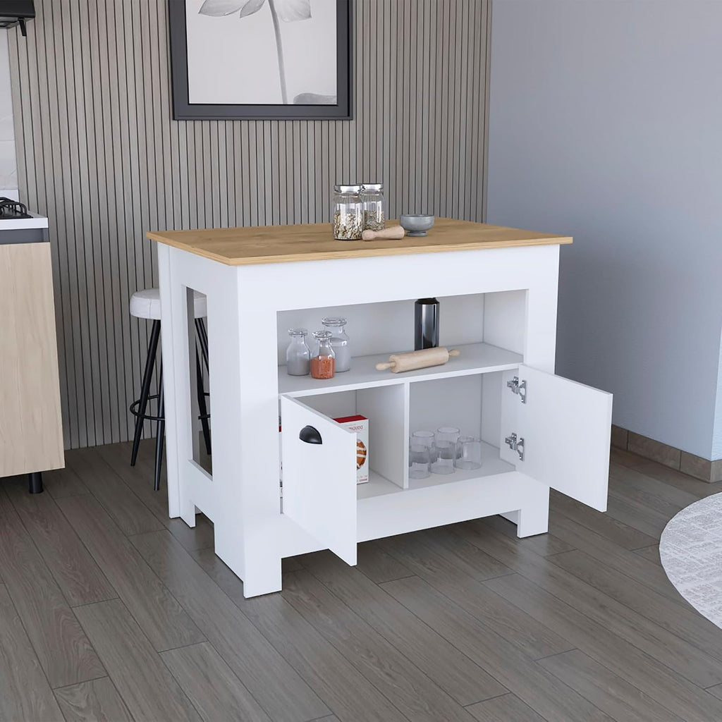 Kitchen Island Two Door Cabinet and Shelf in Multicolor | Includes two cabinet doors and a shelf for storage