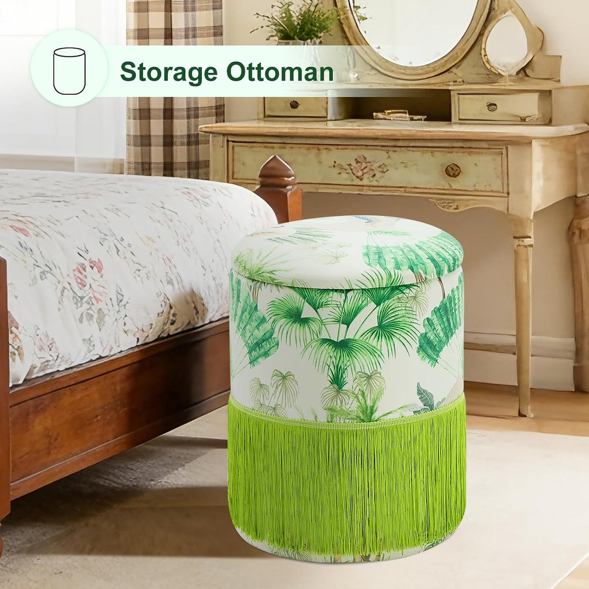 Round Fringe Ottoman with Storage, Farmhouse Tassel Velvet Footrest Stool, Flip Top Vanity Ottoman Chair for Living Room Bedroom