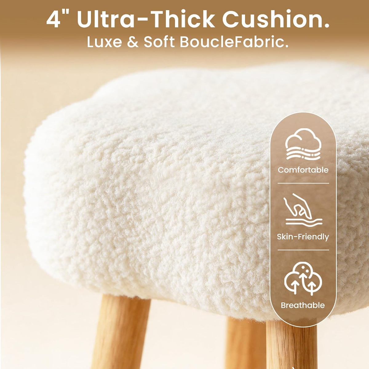 Cmishe Cloud Vanity Stool with Solid Beech Wood Legs, Boucle Makeup Chair for Bedroom, Flower Shaped Upholstered Ottoman, Cute Dressing Stool for Girls & Dorm, Cream White