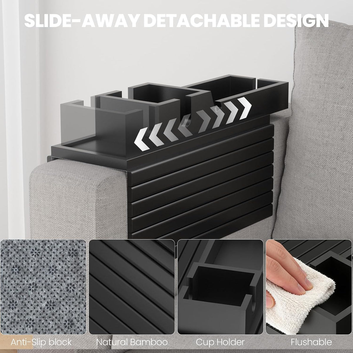 Bamboo Sofa Armrest Tray - Couch Arm Tray with Detachable Couch Cup Holder - 2 in 1 Anti-Slip Foldable Sofa Armchair Caddy Table - Cup Holder for Drinks Cellphone Snacks, Remote