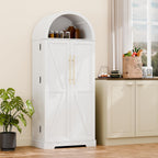 65" H Arched Kitchen Pantry, Modern Cupboard Storage Cabinet with 10 Side Storage Shelves & 3 Adjustable Shelves, Farmhouse Food Pantry Case for Living Room, Dining Room, White