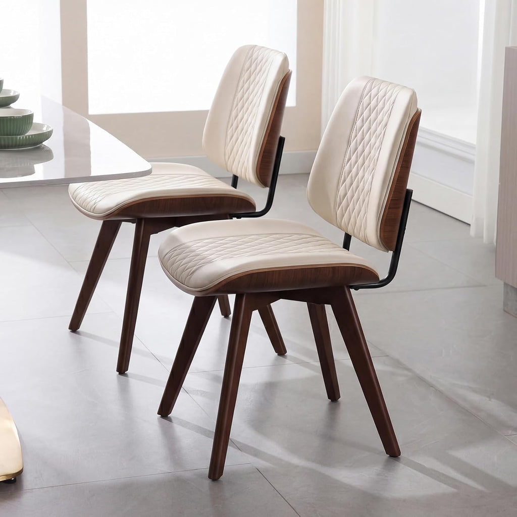 BV Dining Chairs Set of 2, PU Leather Armless Kitchen Chair in Modern Walnut Style, Mid Century Bentwood Side Chair with Wood Legs, Retro Accent Guest Chair for Kitchen Dining Room(Beige)