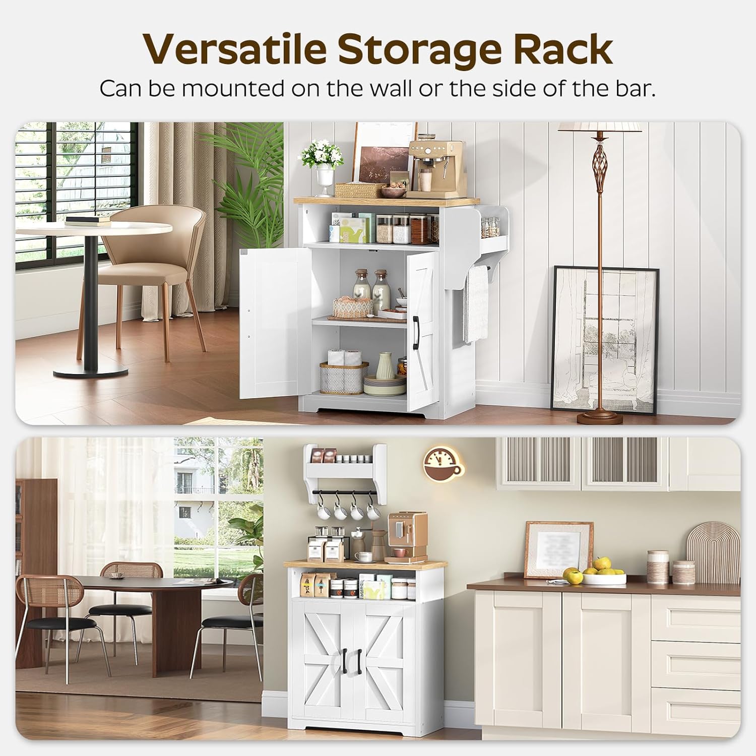 YATINEY Coffee Bar Cabinet, Kitchen Island with Storage, Farmhouse Sideboard Buffet Cabinet with Dual-Purpose Floating Shelf and Hooks, for Kitchen Living Room, White and Natural KF22WN