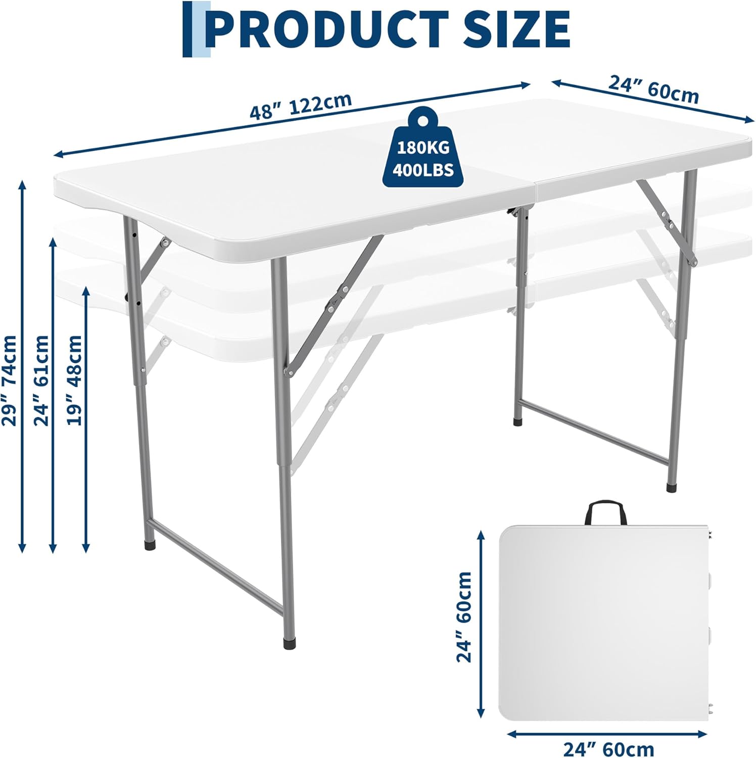 Garvee 4ft Folding Table HDPE Foldable Table with Carrying Handle 3 Adjustable Height Settings Metal Frame Support Up to 400LB Portable for Picnic Camping Party Indoor & Outdoor Use, 1 Pack White
