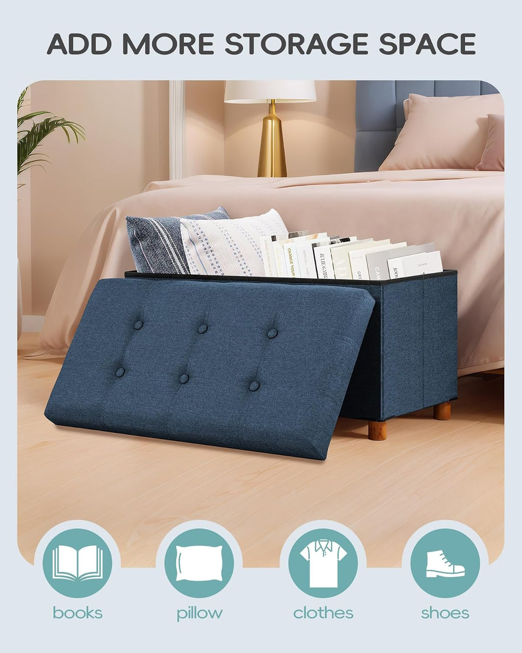 PINPLUS Storage Ottoman Cube, White Linen Footrest with Wooden Legs, Foldable Fabric Footrest, Comfortable Seat with Lid, Ottoman with Storage for Living Room, 30" x 15" x 15"，Blue