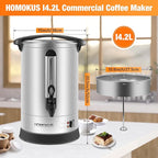 HOMOKUS Commercial Coffee Urn,14.2L Large Coffee Maker,100 Cup Double Wall Stainless Steel Coffee Dispenser,1500W Quick Brew Electric Coffee Percolator with Upgraded Internal Stage for Gathering