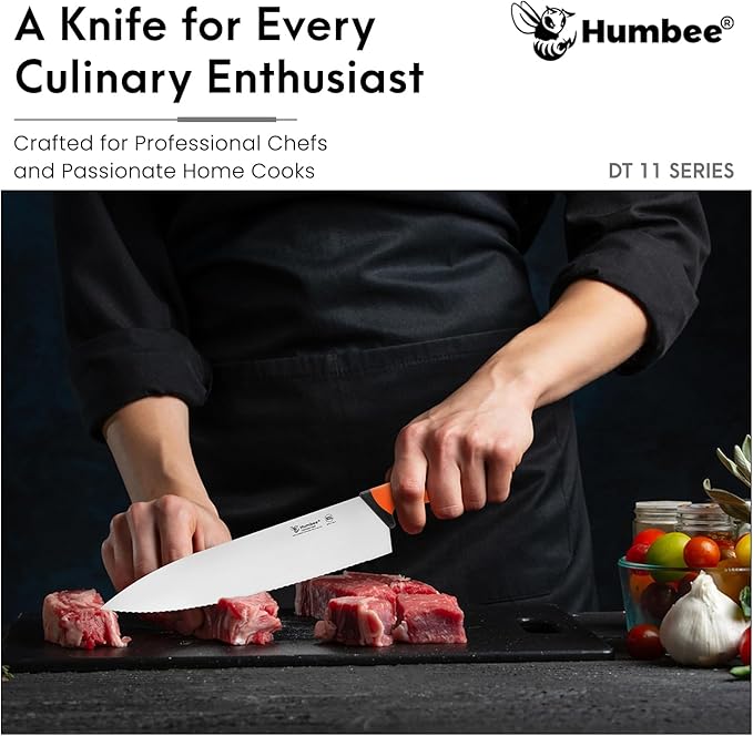 12 Inch Professional Chef Knife with Ergonomic Handle – NSF Certified Stainless Steel Kitchen Knife, Serrated Wave Teeth, Durable and Sharp Blade, DT 11 Series, Orange