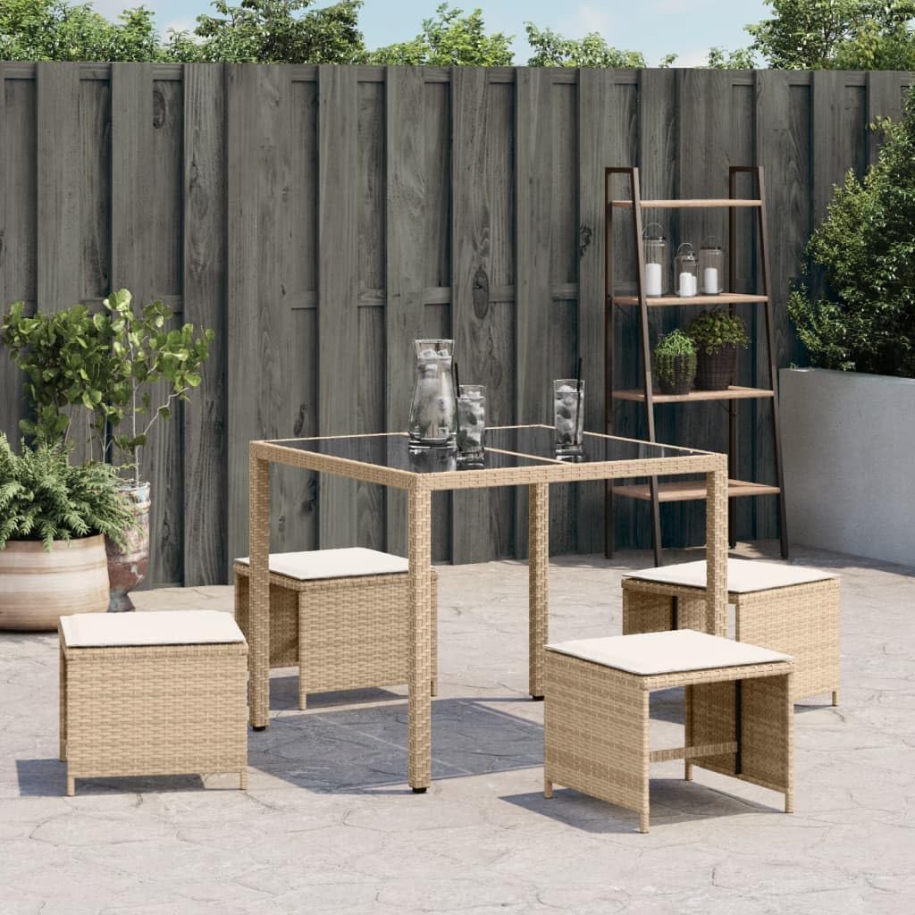 Weather Resistant Synthetic Rattan Patio Stool Set of 4 in Beige and Cream White, Compact Square Design 15.7x15.7x13.8 Inches for Outdoor Seating