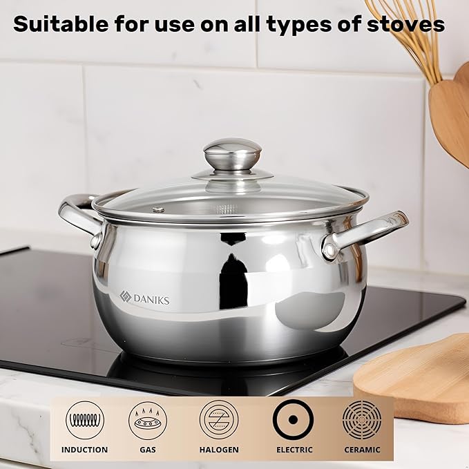Daniks Classic Stainless Steel Stock Pot with Glass Lid – Induction 4 Quart, Dishwasher Safe, Measuring Scale, For Soup, Pasta, Stew, Silver