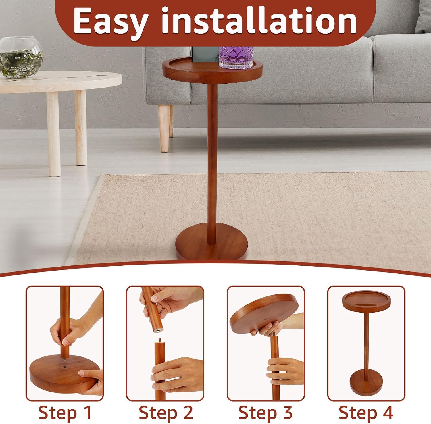 Pedestal Side Table With Weighted Base and 360 Rotating Phone Holder - Small Round Table for Living Room, Home Office, Small Spaces