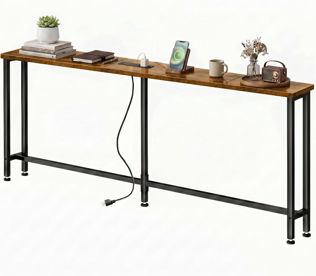 90" Narrow Sofa Table with Outlets (2 AC Outlets & 2 USB Ports), Behind Couch Table with Charging Station, Long Skinny Console Table for Living Room, Entryway and Hallway (Rustic Brown)