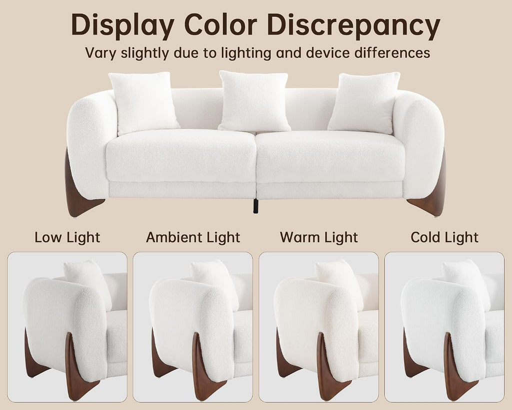 Morden Fort Modern Cloud Couch - 3 Seater Sherpa Boucle Sofa with Wood Legs, Ultra-Thick High Resilience Cushion with 3 Matching Pillows Upholstered Comfy Couch Sofa for Living Room - Off White 87''