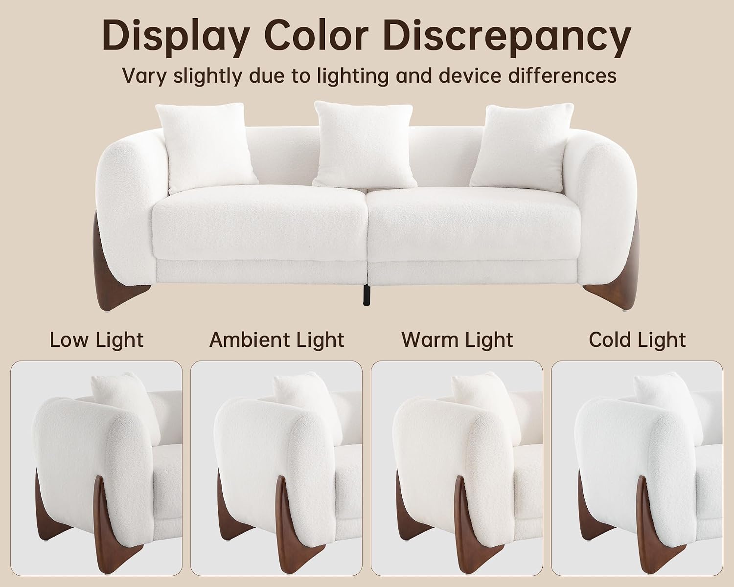 Morden Fort Modern Cloud Couch - 3 Seater Sherpa Boucle Sofa with Wood Legs, Ultra-Thick High Resilience Cushion with 3 Matching Pillows Upholstered Comfy Couch Sofa for Living Room - Off White 87''