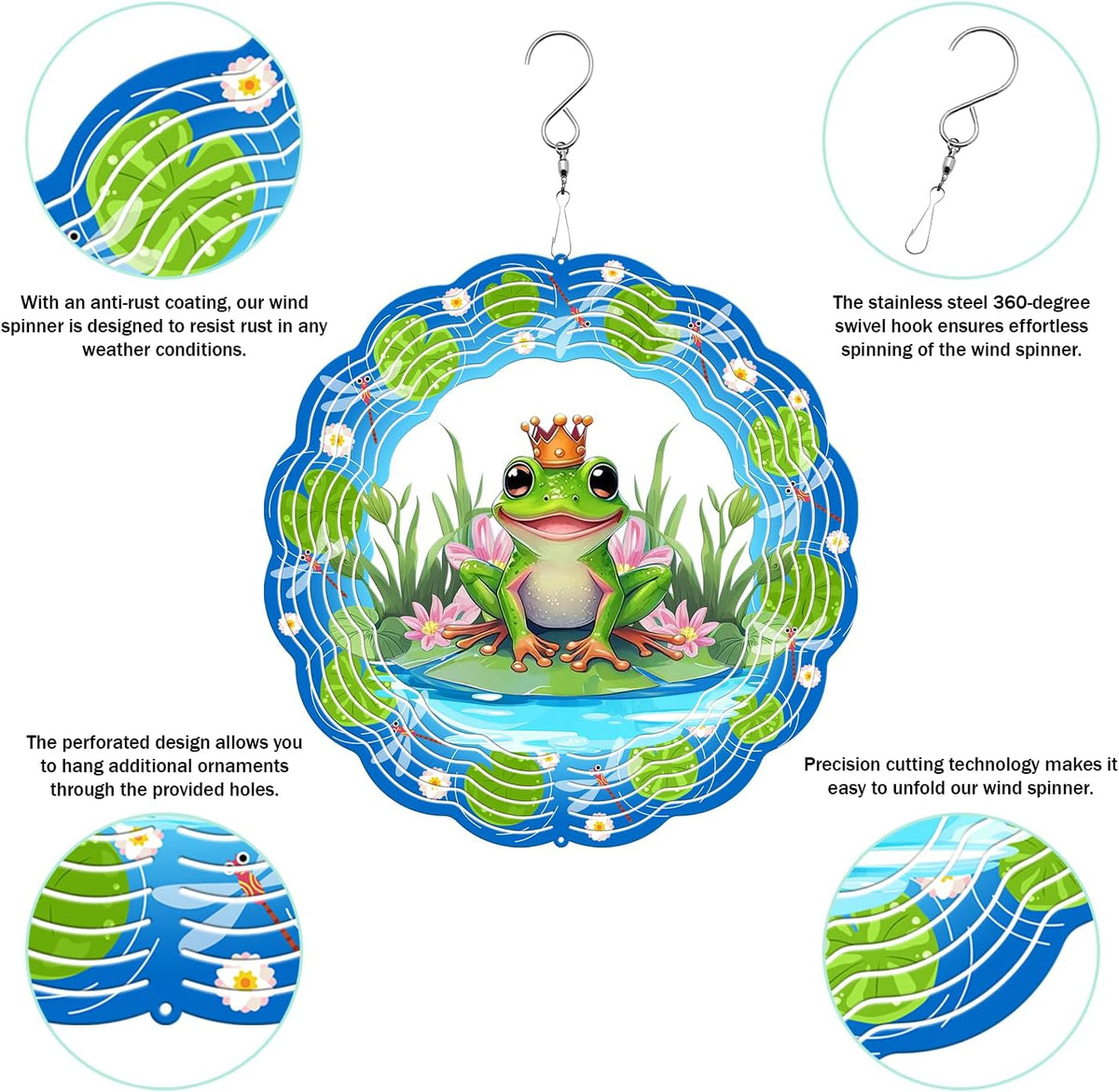 Frog Wind Spinner, 3D Hanging Stainless Steel Garden Spinner, Wind Spinner Hanging for Outdoor & Indoor Décor, Unique Gifts for Yard Garden Decoration or Patio Décor (Frog)