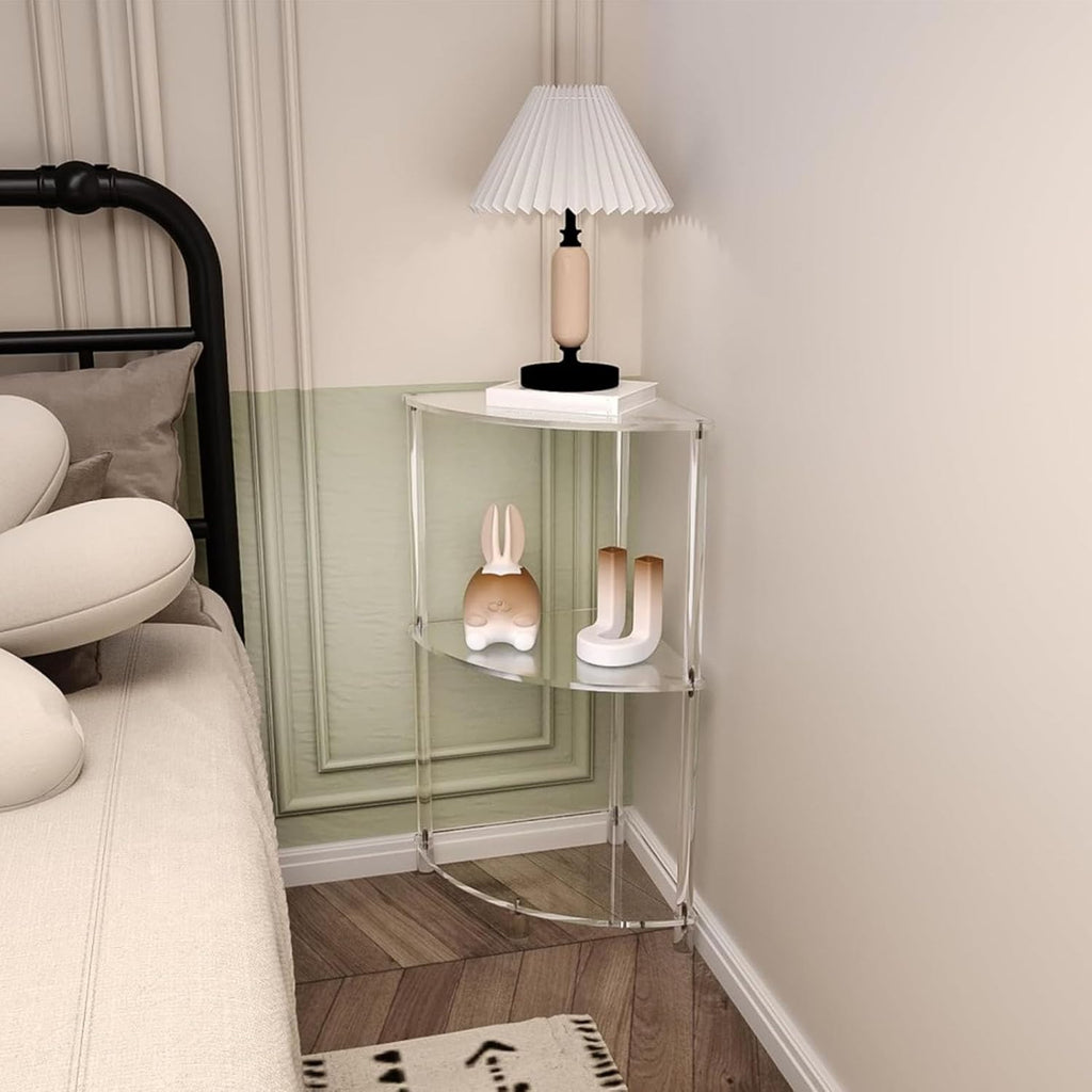 Corner Shelf, 3 Tier Acrylic Corner Side Table, 25.6 inch Standing Triangle End Table, Modern Home Display and Storage Shelf, Small Bedside Tables for Bedroom, Living Room,