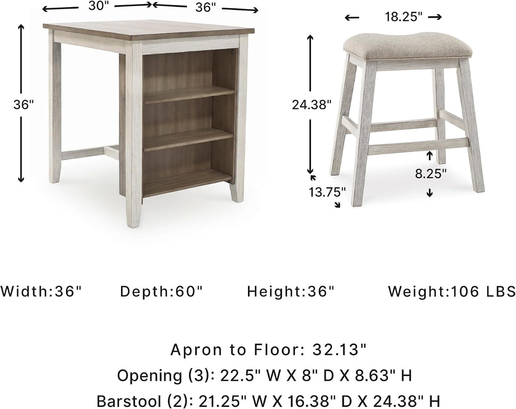 Signature Design by Ashley Skempton 3-Piece Counter Height Dining Table Set | Two-tone acacia wood set, 3 built-in open shelves, 2 upholstered saddle stools, Space-saving tuck-away design, Dining room