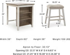 Signature Design by Ashley Skempton 3-Piece Counter Height Dining Table Set | Two-tone acacia wood set, 3 built-in open shelves, 2 upholstered saddle stools, Space-saving tuck-away design, Dining room