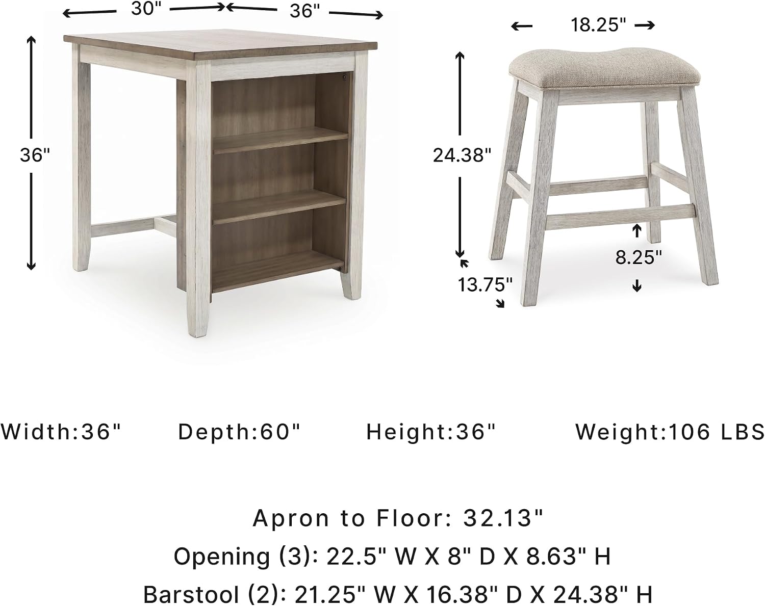 Signature Design by Ashley Skempton 3-Piece Counter Height Dining Table Set | Two-tone acacia wood set, 3 built-in open shelves, 2 upholstered saddle stools, Space-saving tuck-away design, Dining room