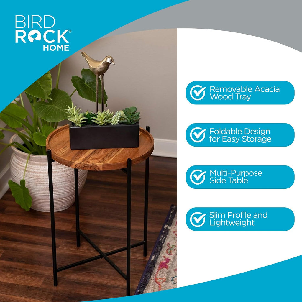 BIRDROCK HOME Folding Side Table with Removable Wood Tray - Modern Accent, Foldable End Table for Living Room, Bedroom - Portable Serving Tray for Decoration, Coffee, Drinks & Food - Natural Acacia